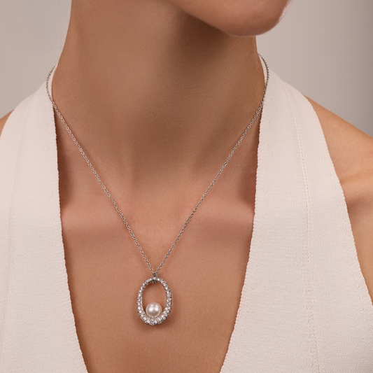 Mikimoto Pearl and Diamond Pendant 18K White Gold