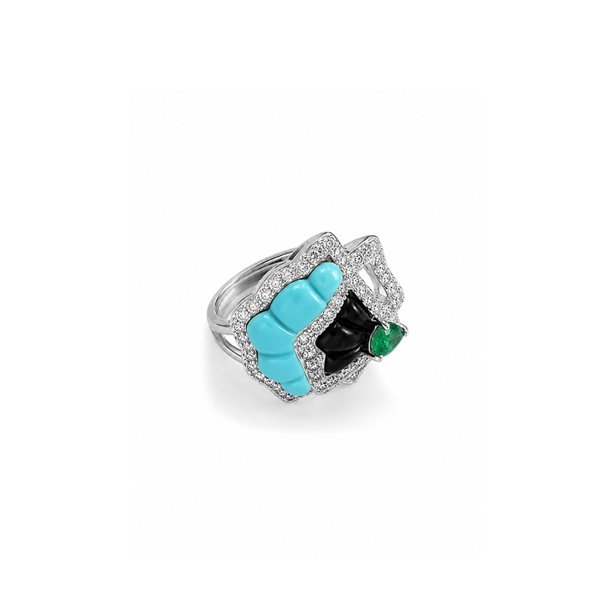 White Gold Diamond Turquoise and Emerald Ring