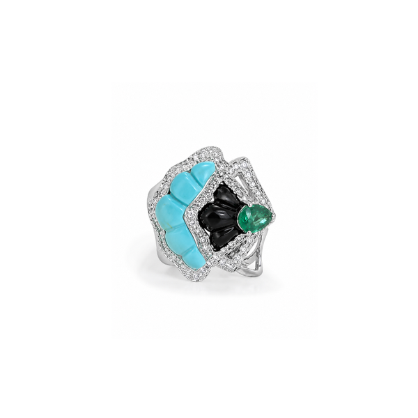White Gold Diamond Turquoise and Emerald Ring