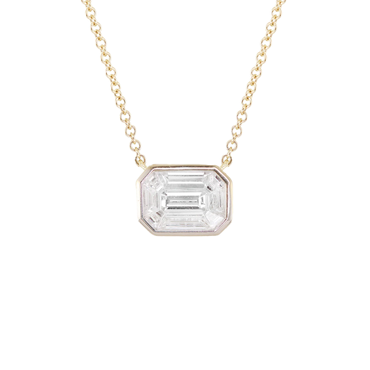 14kt gold illusion emerald cut diamond bezel necklace