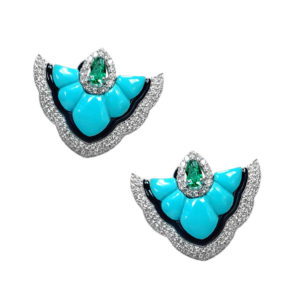 White Gold Diamond Turquoise and Emerald Earrings