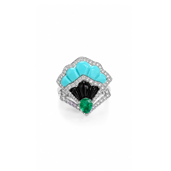 White Gold Diamond Turquoise and Emerald Ring