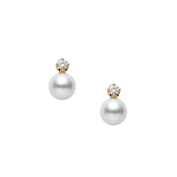 Mikimoto Pearl and Diamond Earrings 18K Yellow Gold