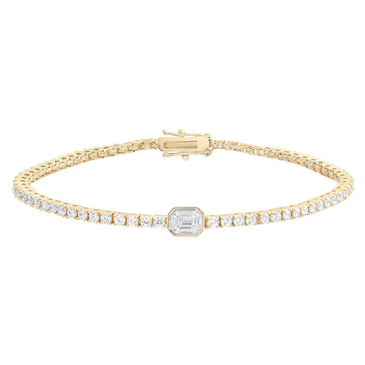 14KT GOLD EMERALD CUT DIAMOND BEZEL WHISPER TENNIS BRACELET